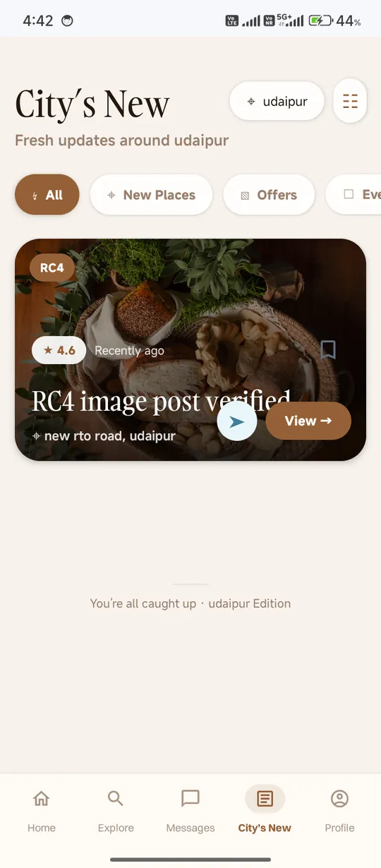 JustLocalz City’s New screen showing a local update and category filters.