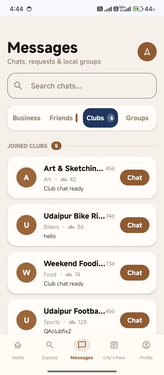 JustLocalz Clubs screen showing joined local clubs and chat actions.