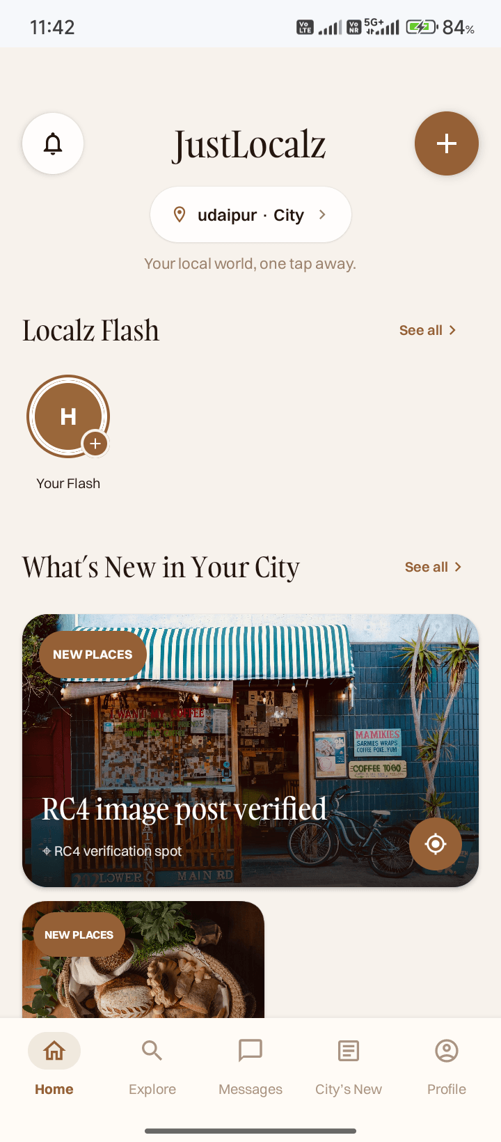 JustLocalz home screen showing Localz Flash and nearby city updates in Udaipur