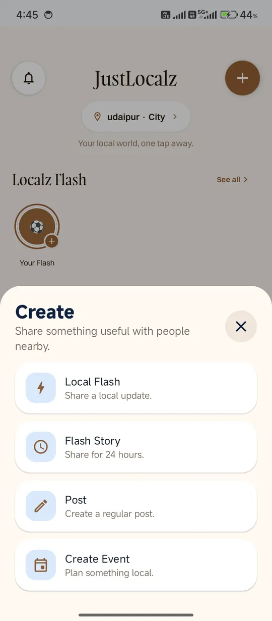 JustLocalz create menu showing Local Flash and Flash Story options.