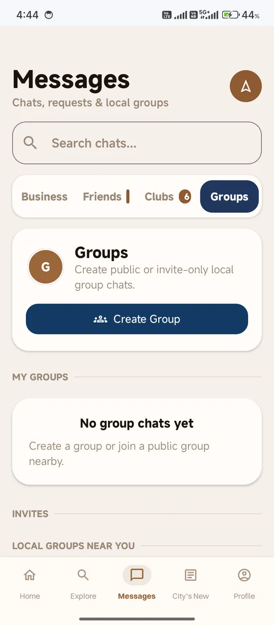 JustLocalz Messages screen showing the local groups conversation area.