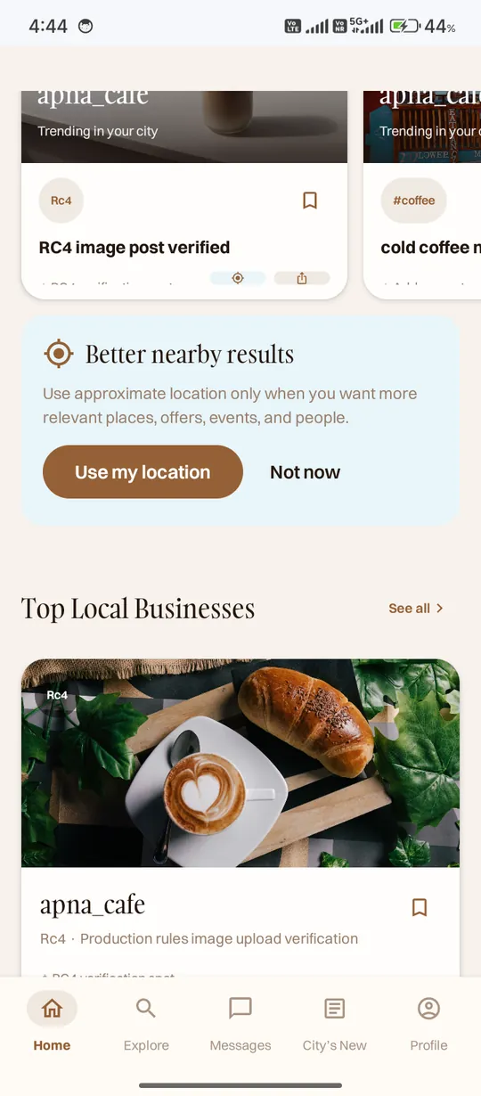 JustLocalz home screen showing nearby results and personalised local recommendations.